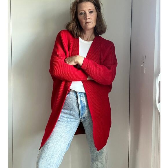 Lovers + Friends Cardigan Ribbed Sweater Red Size Small Heavy knit Midi Pockets - Picture 8 of 9